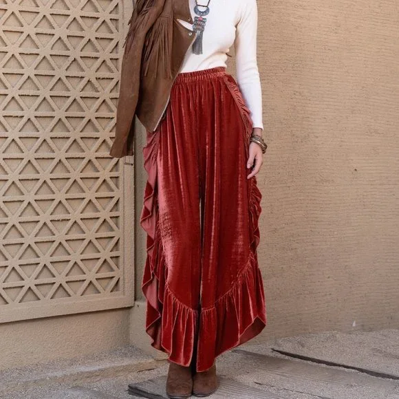 Burnt Orange Casual Womens Ruffle Trim Split Thigh Velvet Pants - Picture 3 of 5